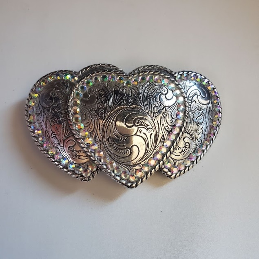 Nocona Silver Tone Triple Heart Western Belt Buckle Rhinestone Engraved Floral - Picture 7 of 7
